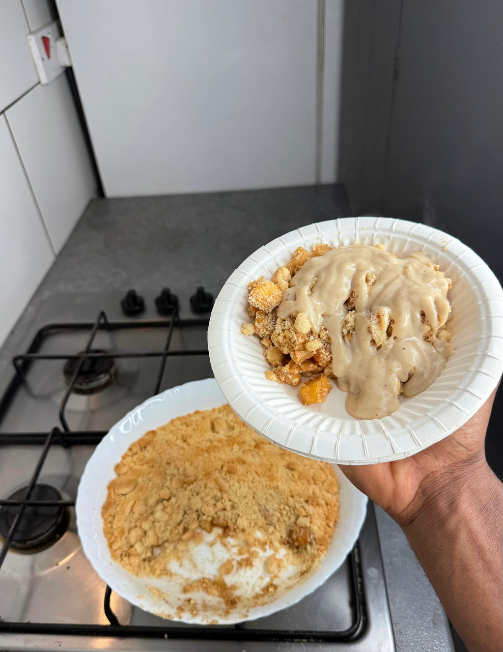 Jamaican Plantain Apple Crumble w/Rum Cream Custard