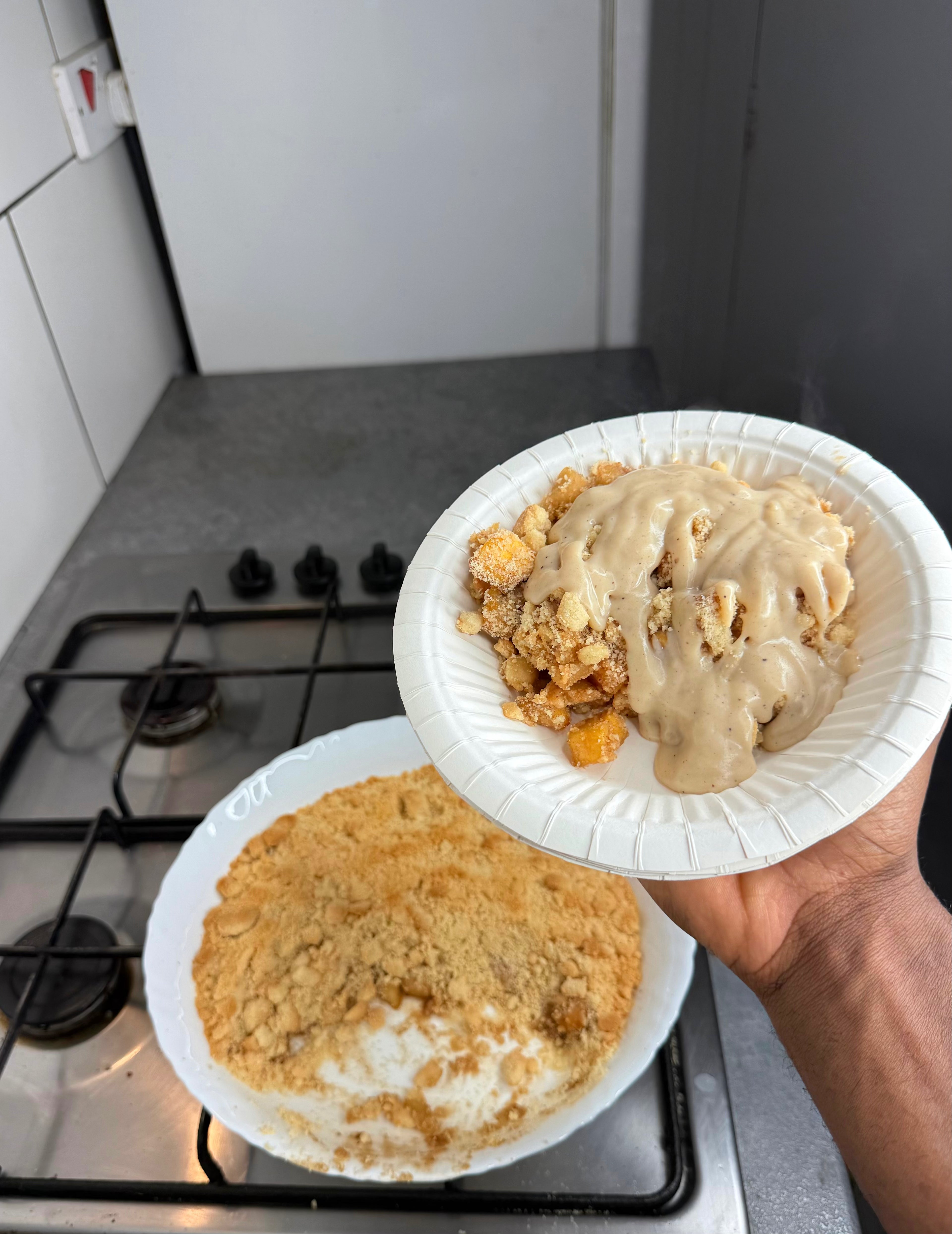 Jamaican Plantain Apple Crumble w/Rum Cream Custard