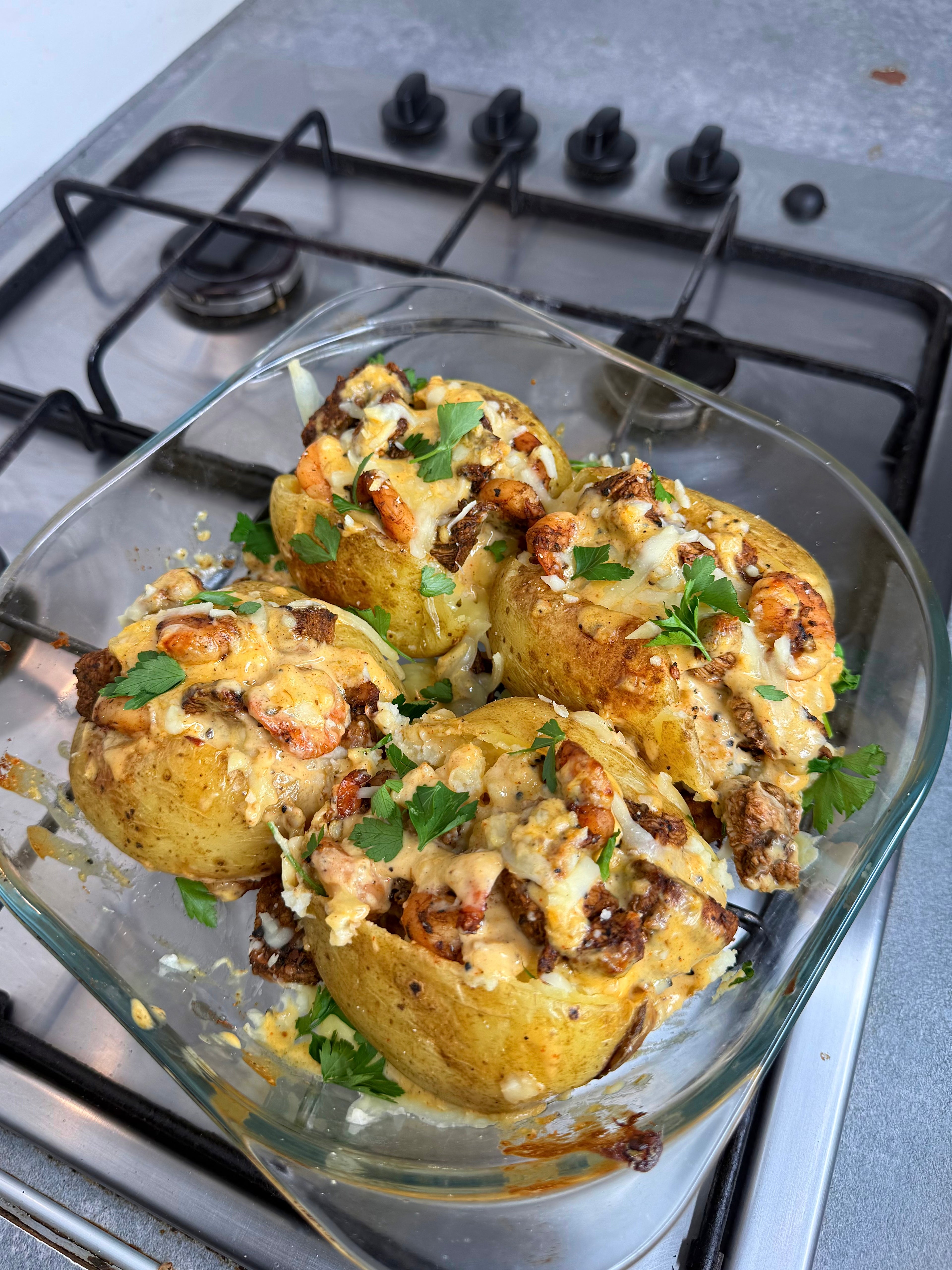 Jerk Chicken & Shrimp  Jacket Potatoes With Jerk Alfredo Sauce