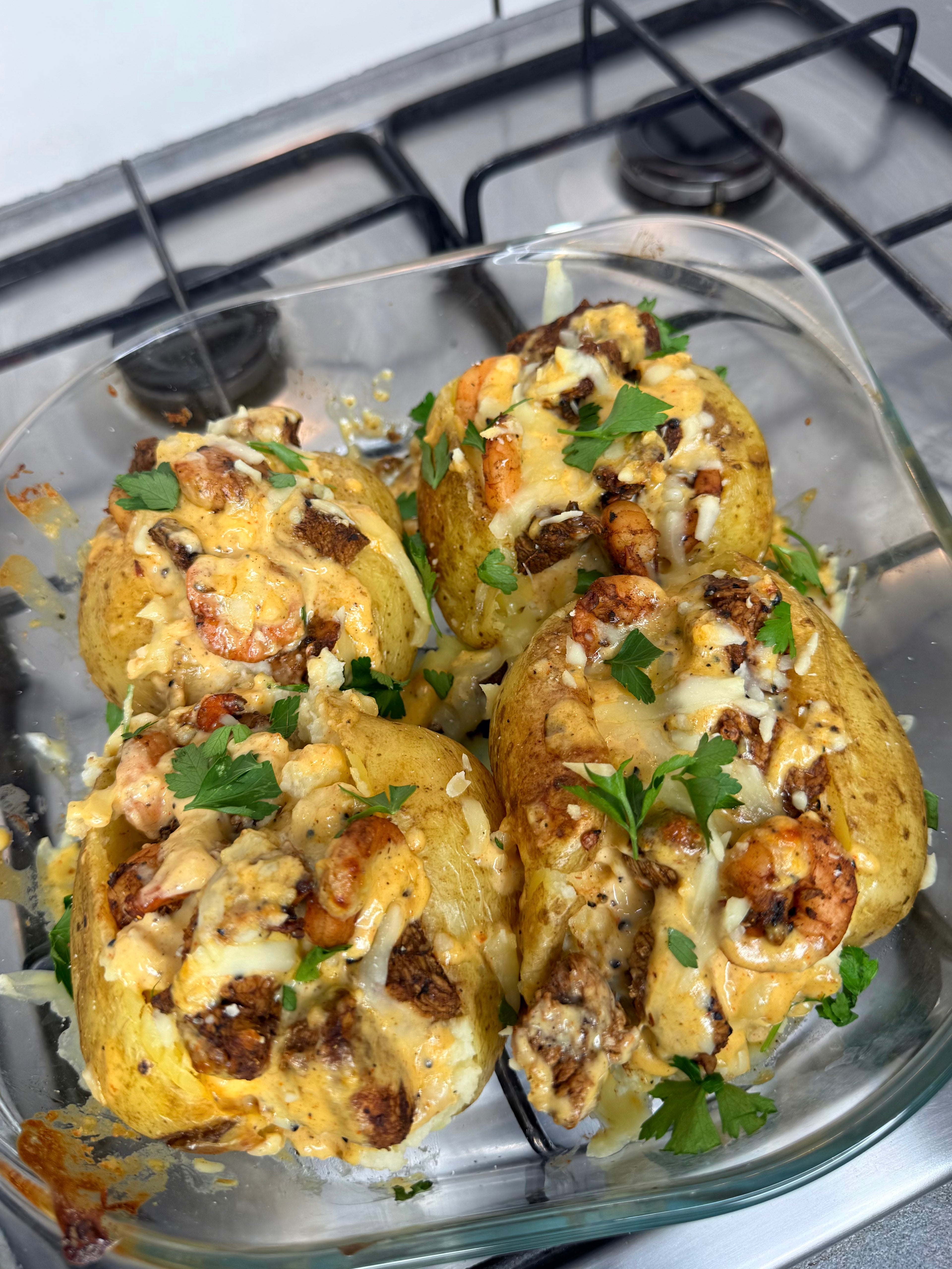 Jerk Chicken & Shrimp  Jacket Potatoes With Jerk Alfredo Sauce