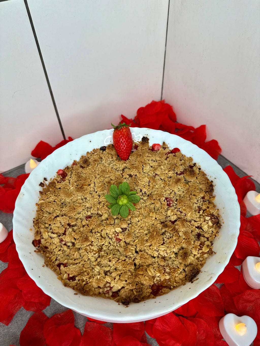 Jamaican Plantain & Strawberry Crumble w/Rum Cream Custard