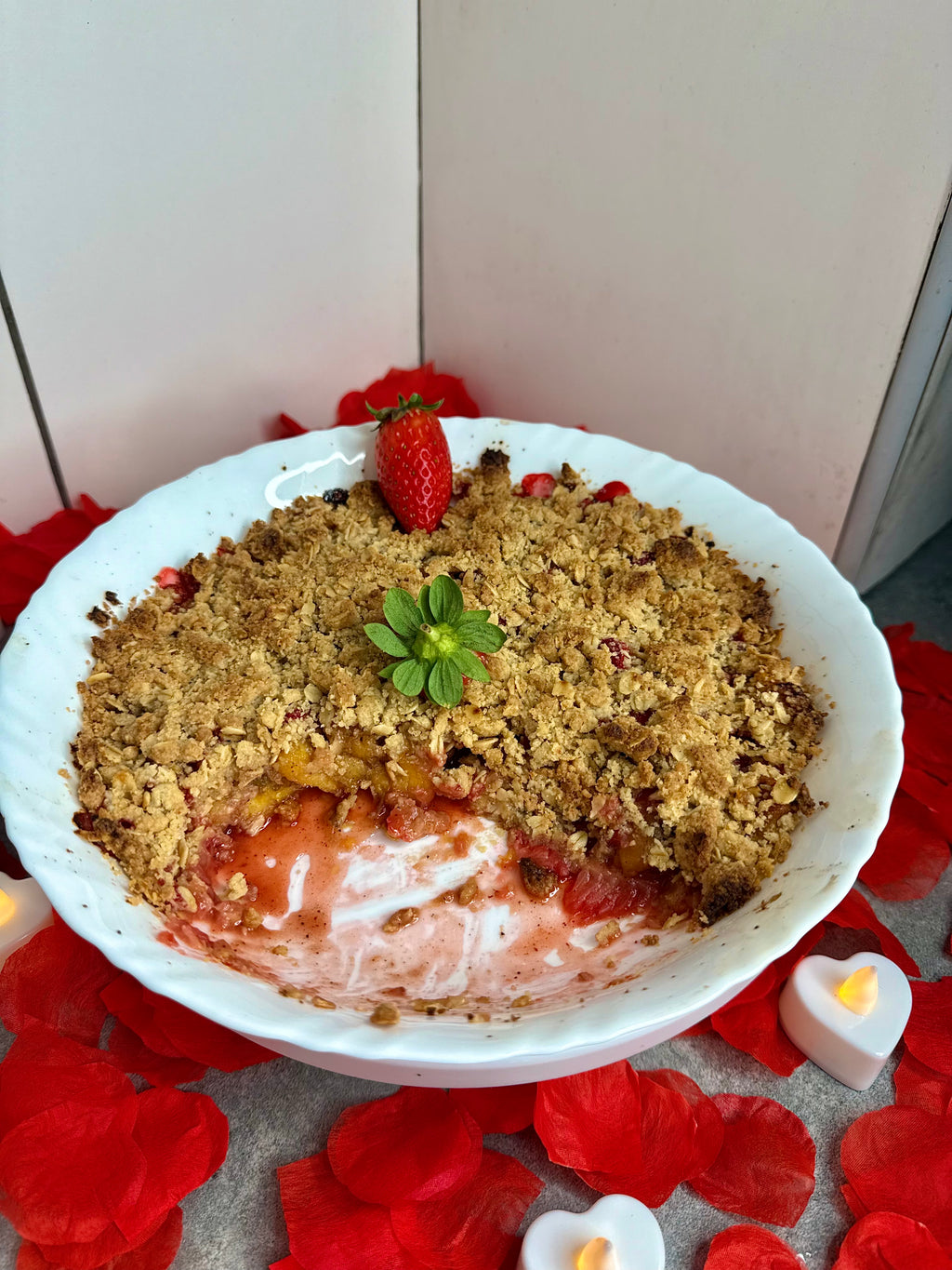 Jamaican Plantain & Strawberry Crumble w/Rum Cream Custard