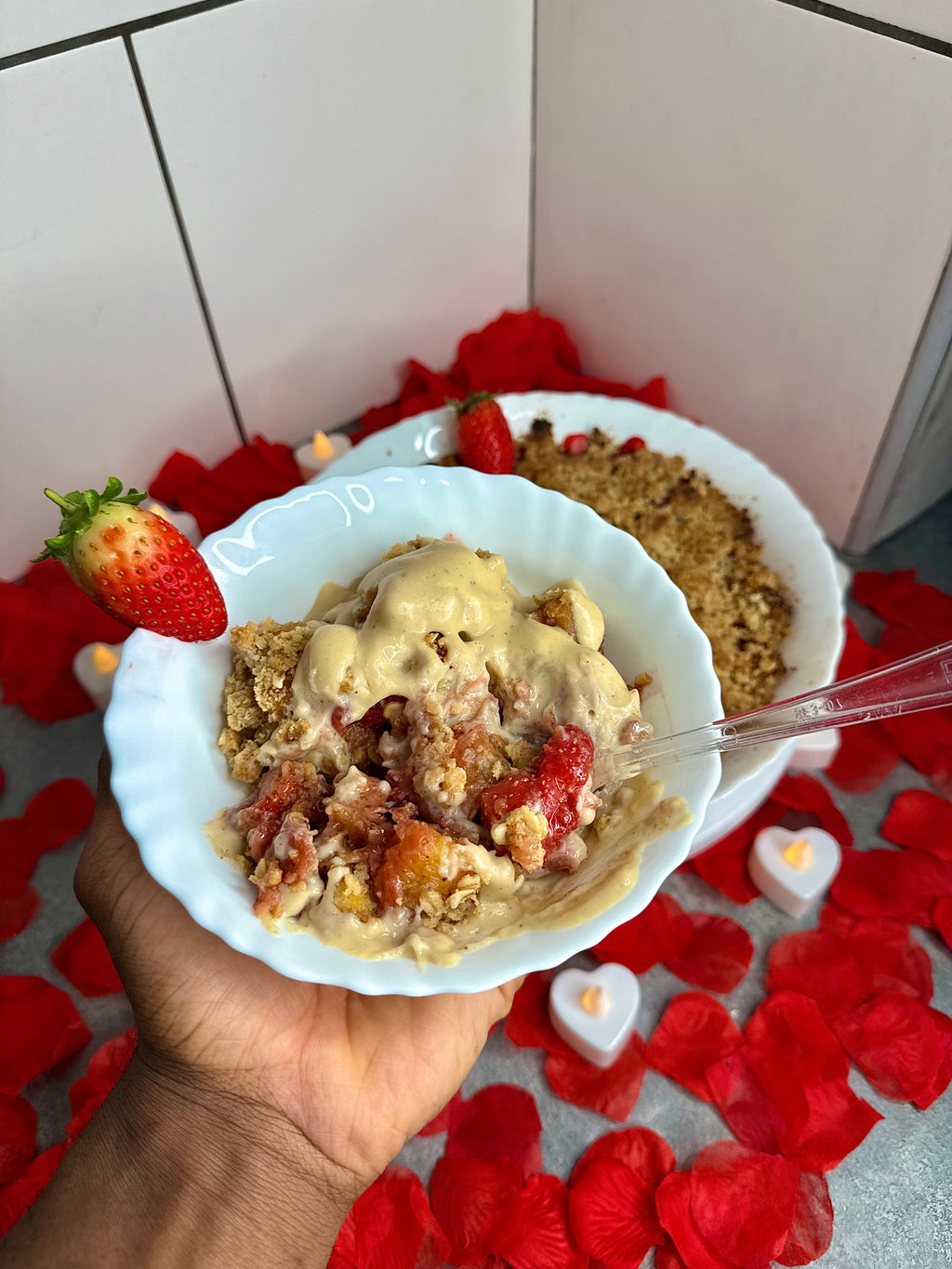 Jamaican Plantain & Strawberry Crumble w/Rum Cream Custard