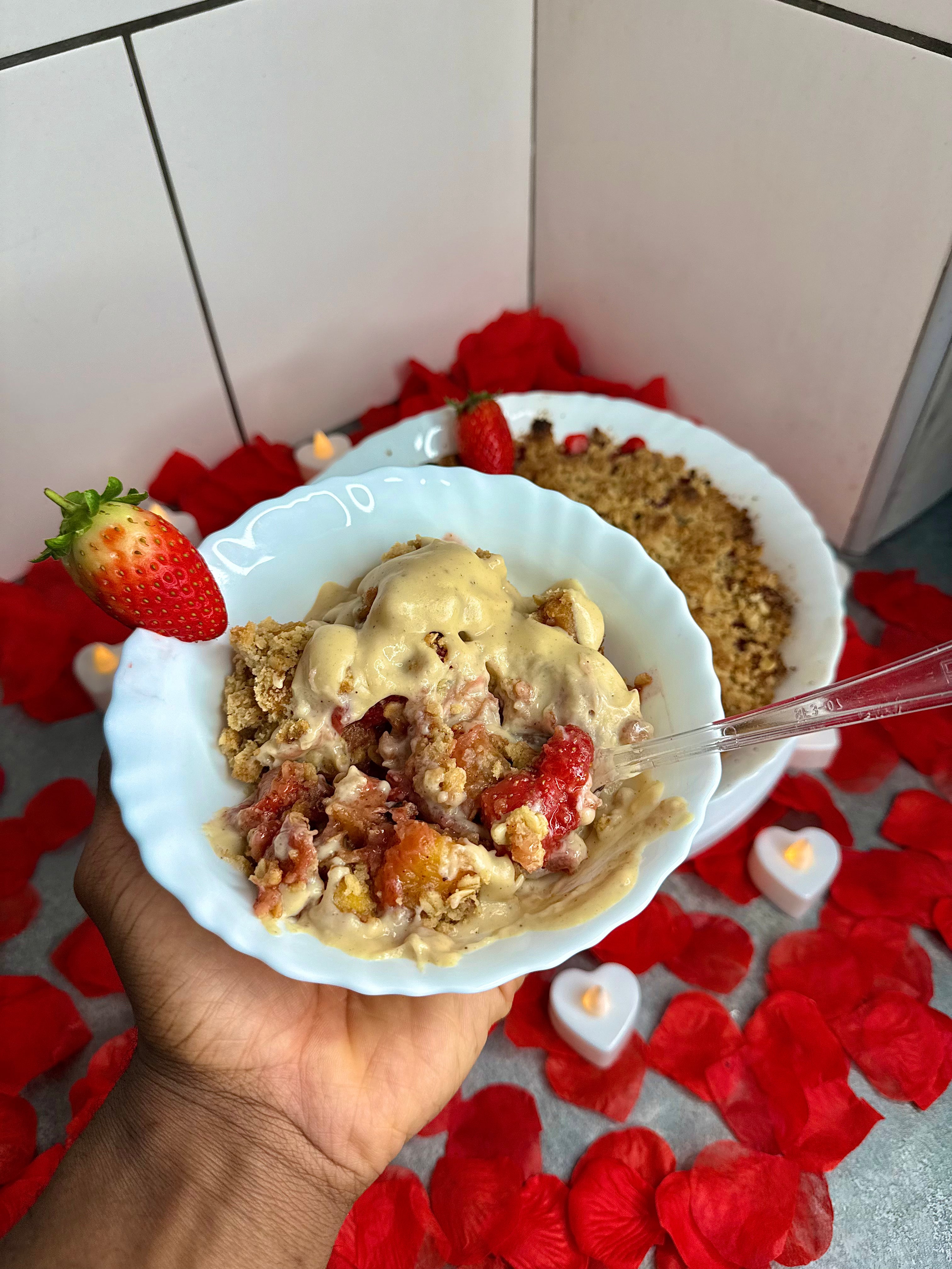 Jamaican Plantain & Strawberry Crumble w/Rum Cream Custard