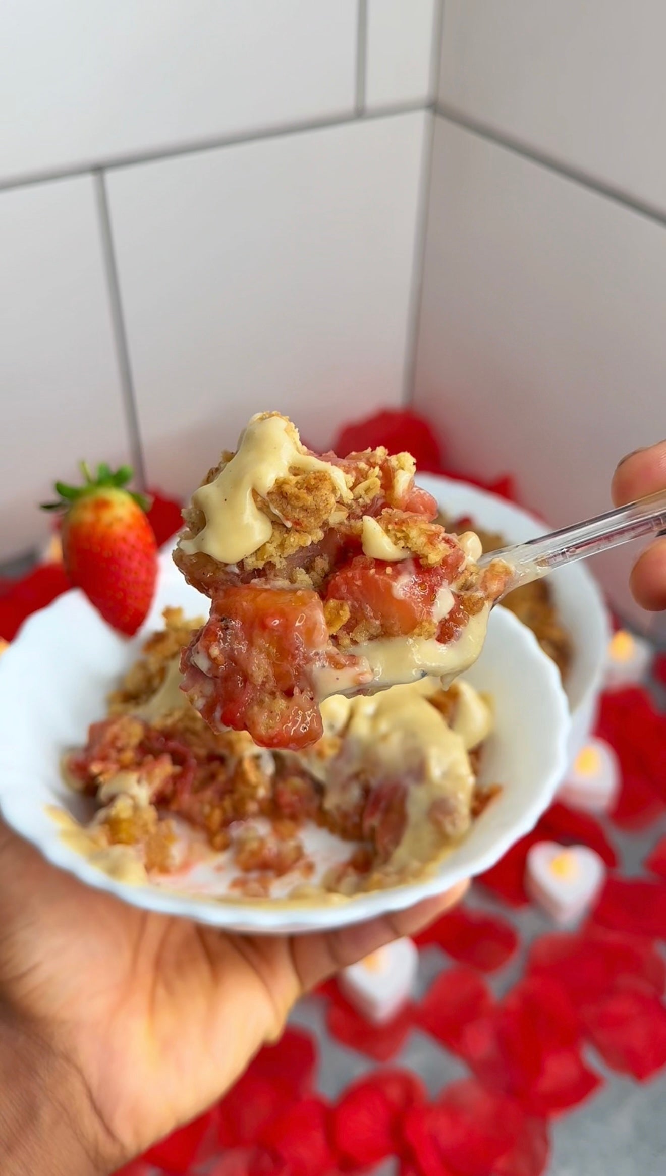 Jamaican Plantain & Strawberry Crumble w/Rum Cream Custard