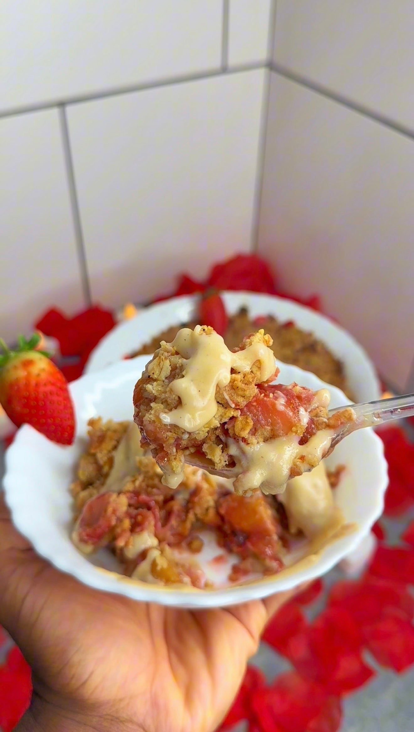 Jamaican Plantain & Strawberry Crumble w/Rum Cream Custard
