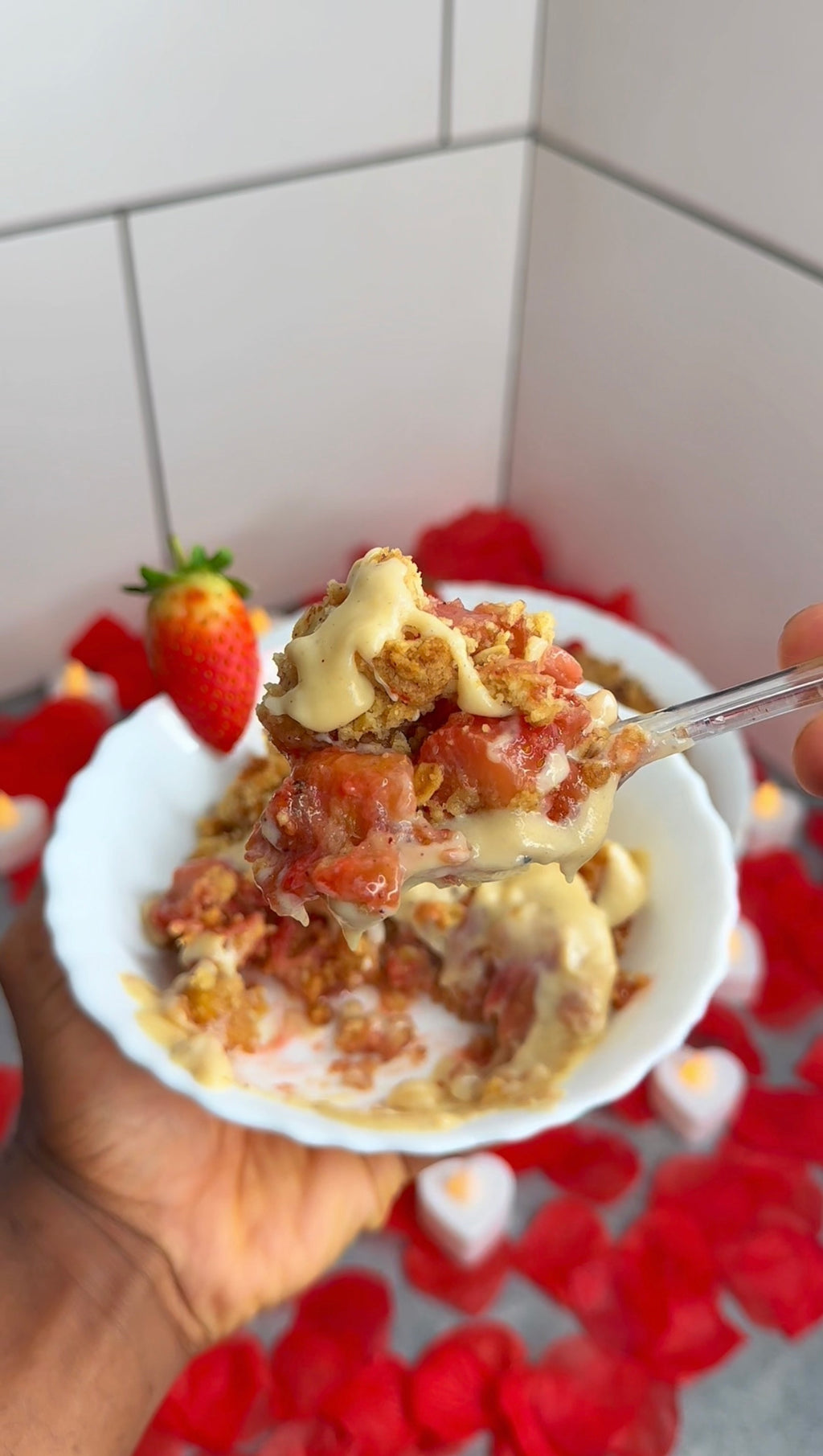 Jamaican Plantain & Strawberry Crumble w/Rum Cream Custard