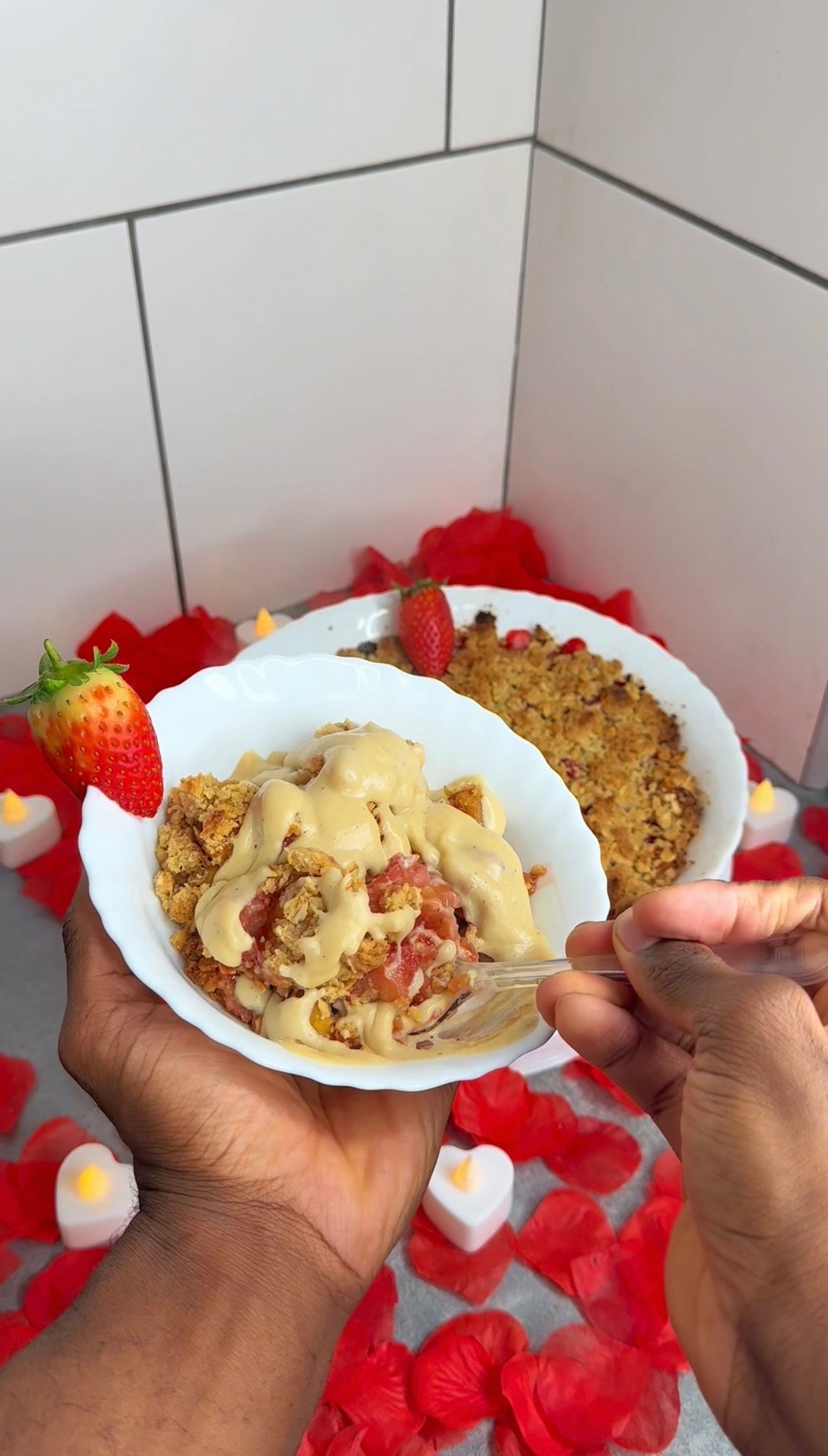 Jamaican Plantain & Strawberry Crumble w/Rum Cream Custard