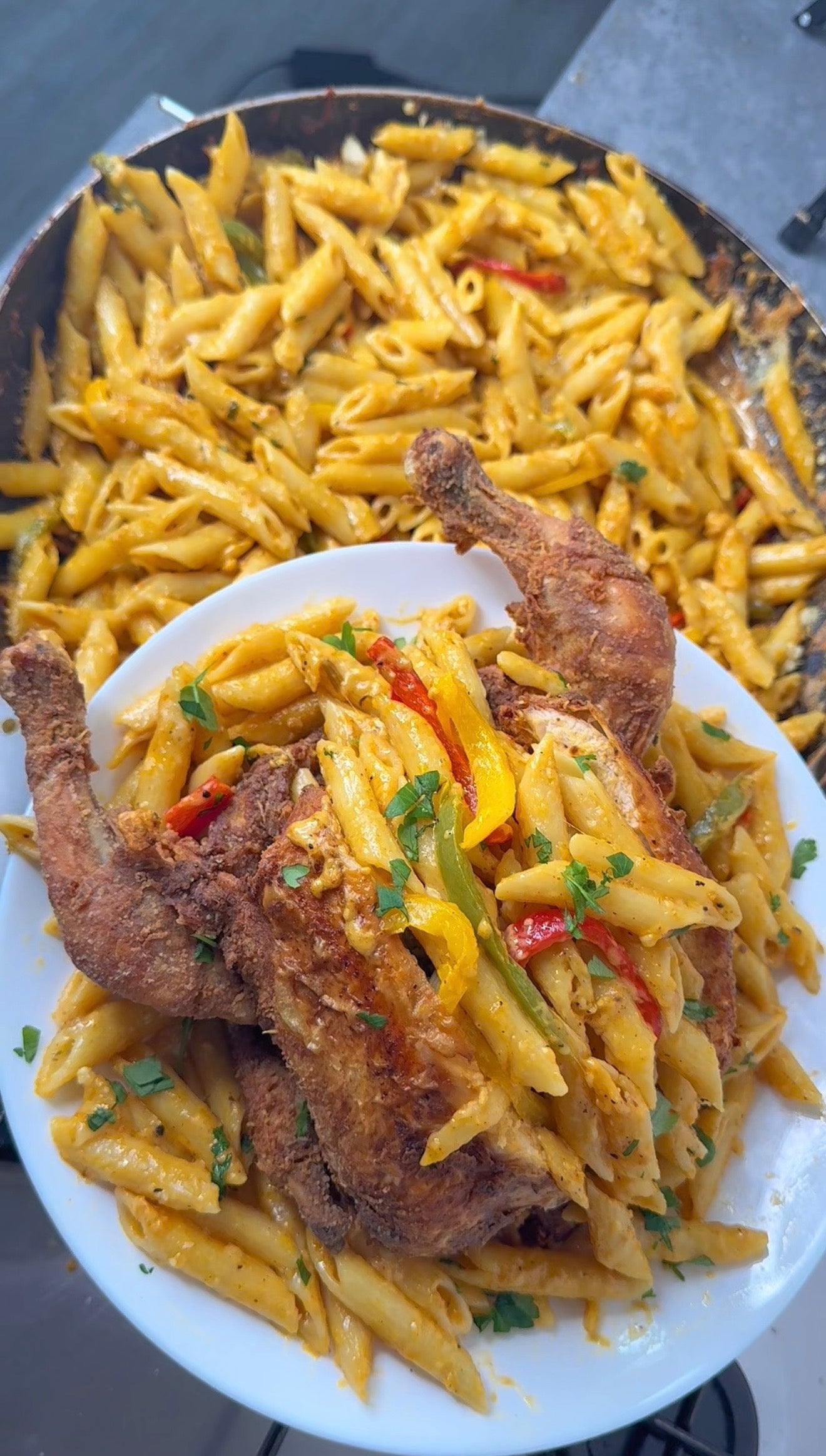 Fried Whole Chicken Stuffed W/Rasta Pasta