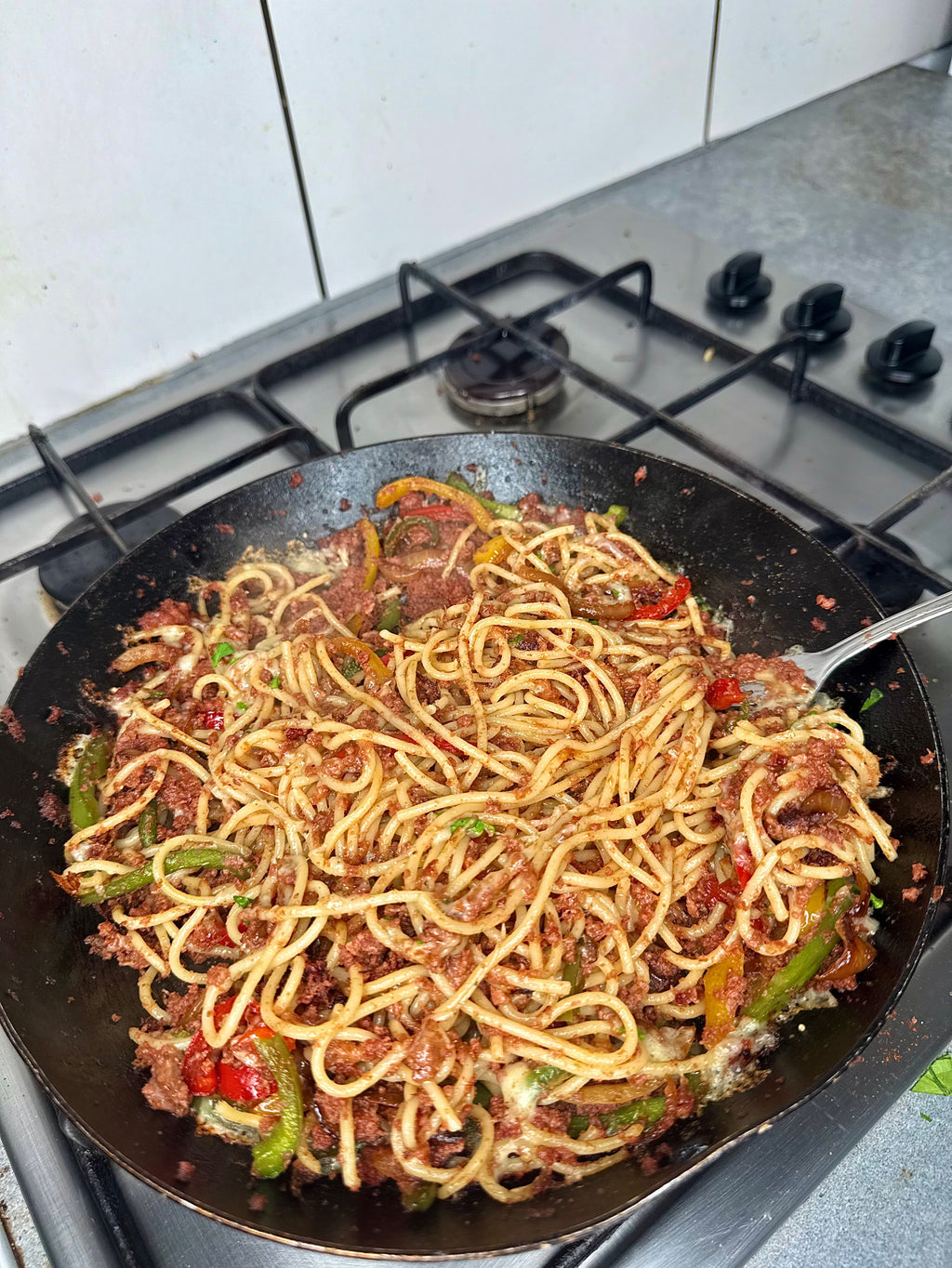 Jamaican Cheesy Corn Beef Spaghetti
