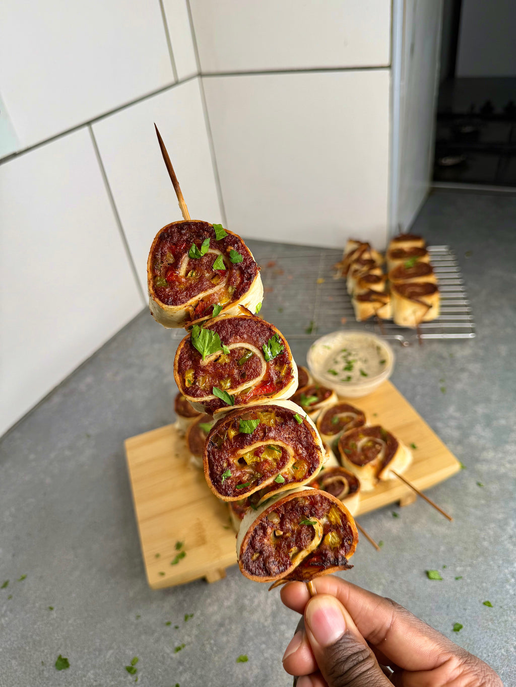 Jamaican Corn Beef Pinwheel Kebabs