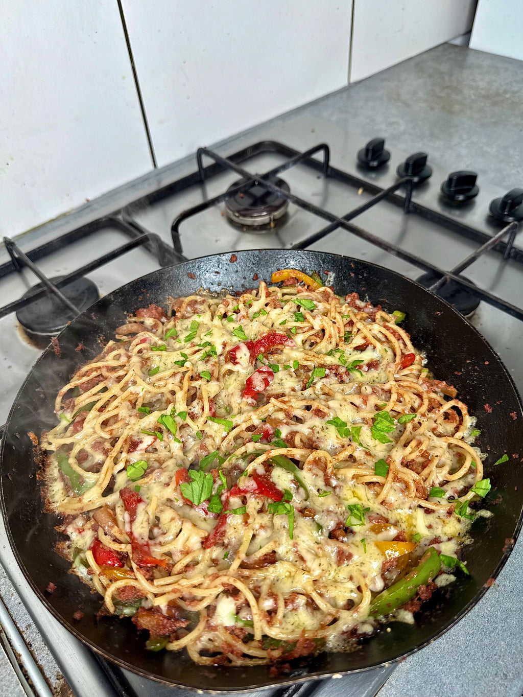 Jamaican Cheesy Corn Beef Spaghetti