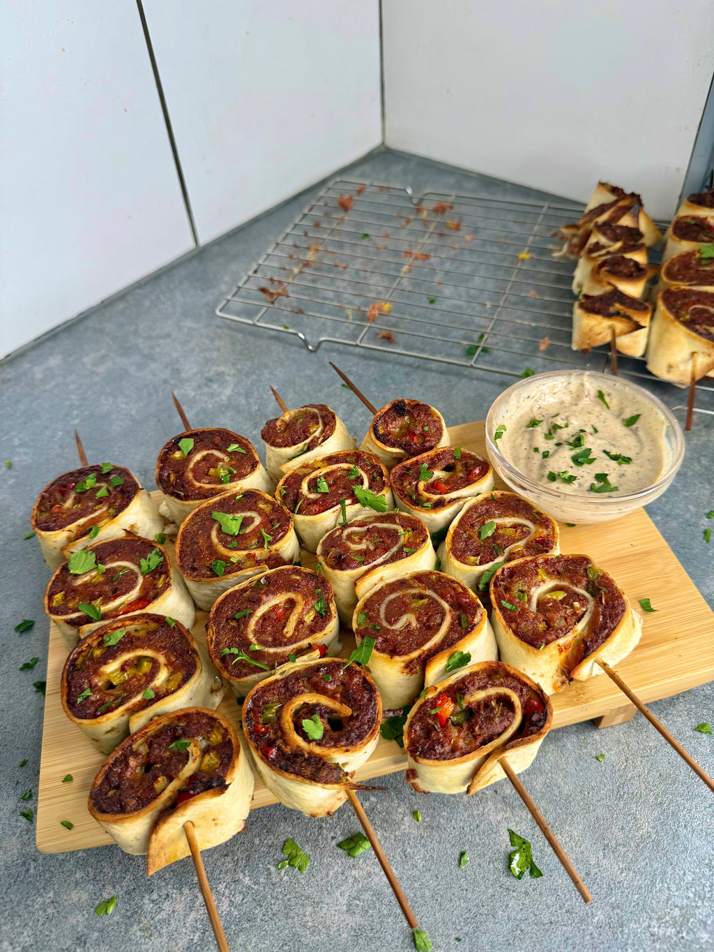 Jamaican Corn Beef Pinwheel Kebabs