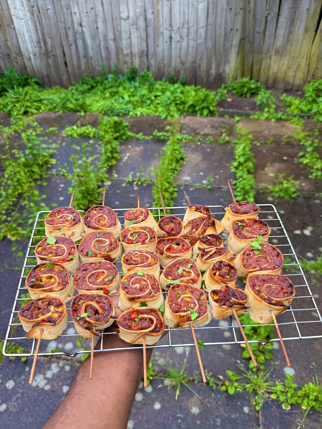 Jamaican Corn Beef Pinwheel Kebabs