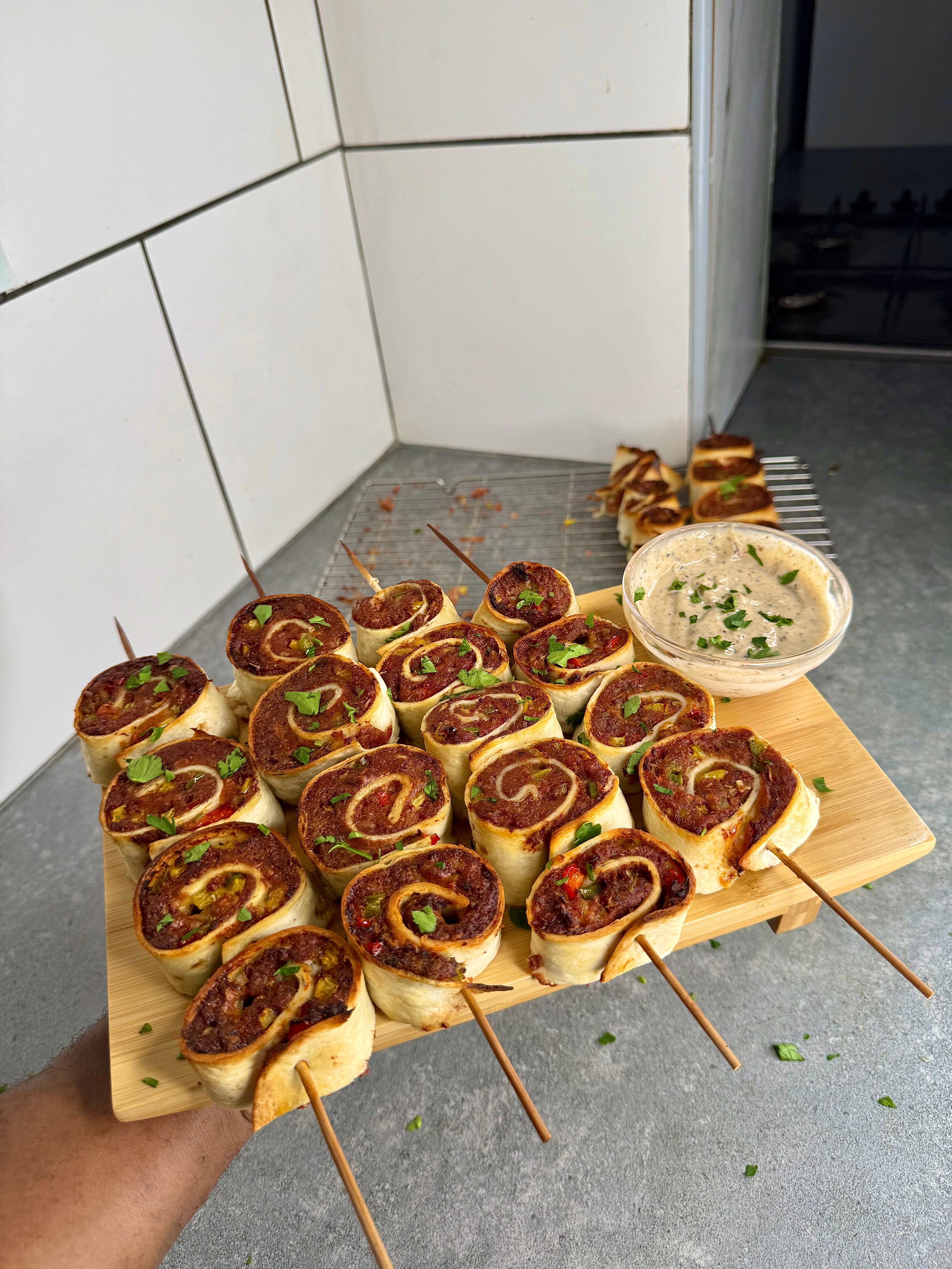 Jamaican Corn Beef Pinwheel Kebabs