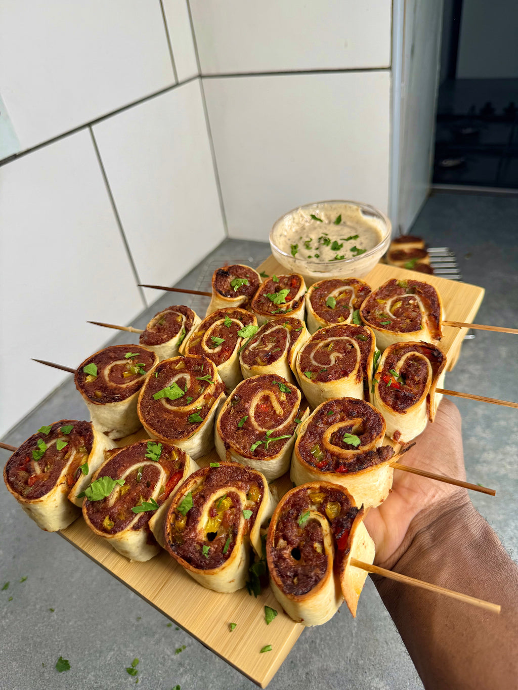 Jamaican Corn Beef Pinwheel Kebabs