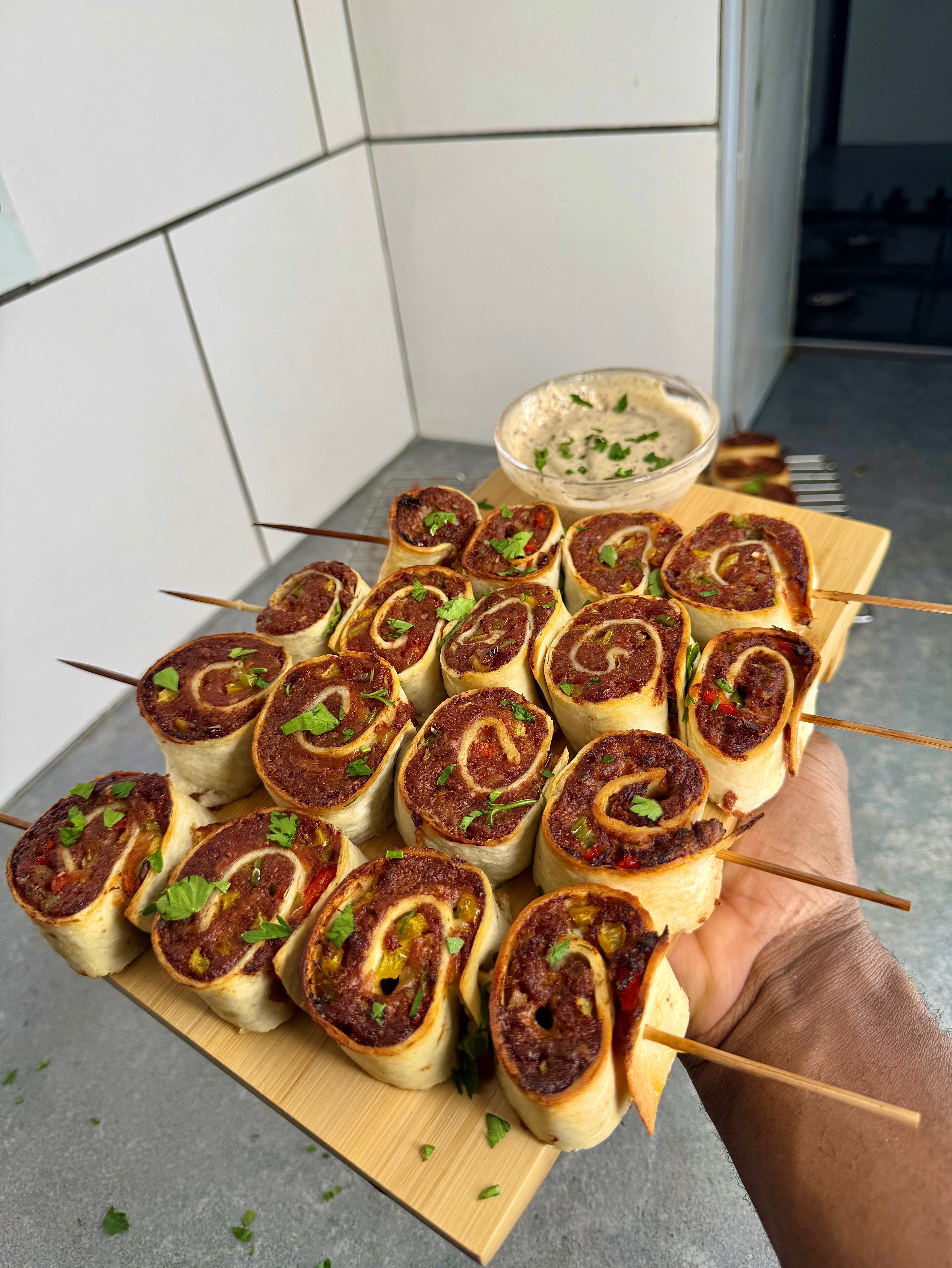 Jamaican Corn Beef Pinwheel Kebabs