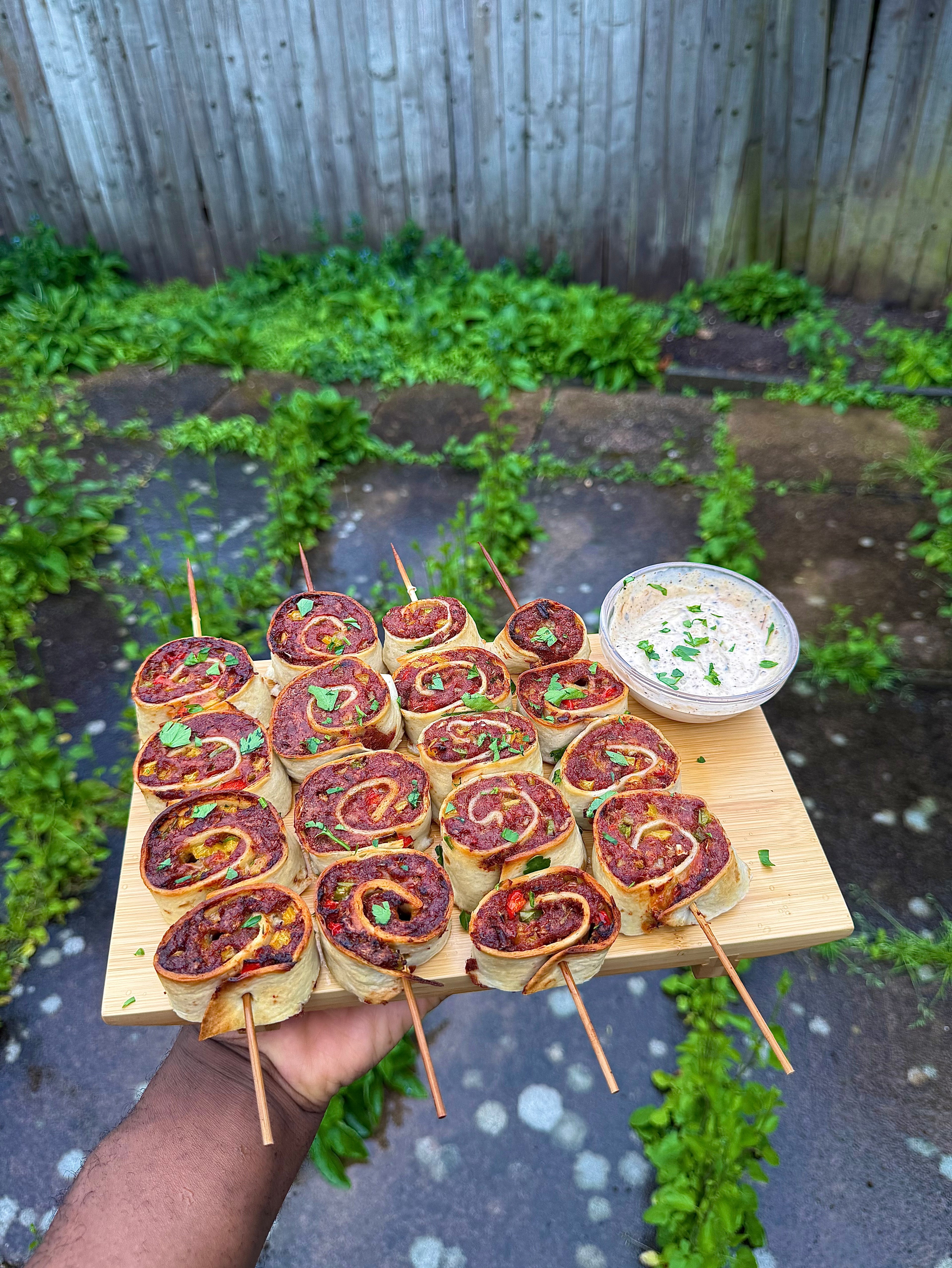 Jamaican Corn Beef Pinwheel Kebabs