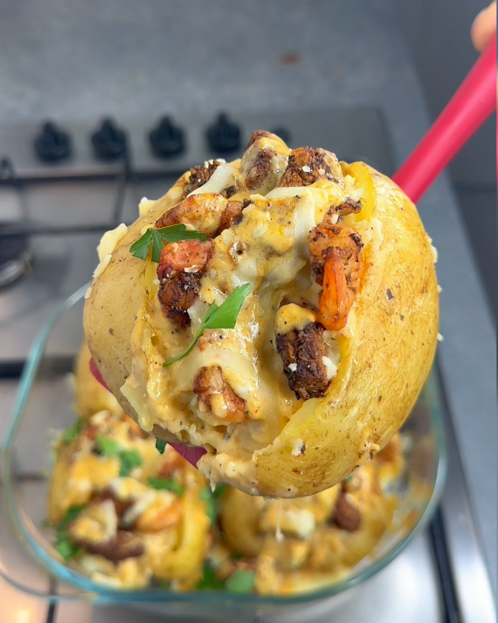 Jerk Chicken & Shrimp  Jacket Potatoes With Jerk Alfredo Sauce