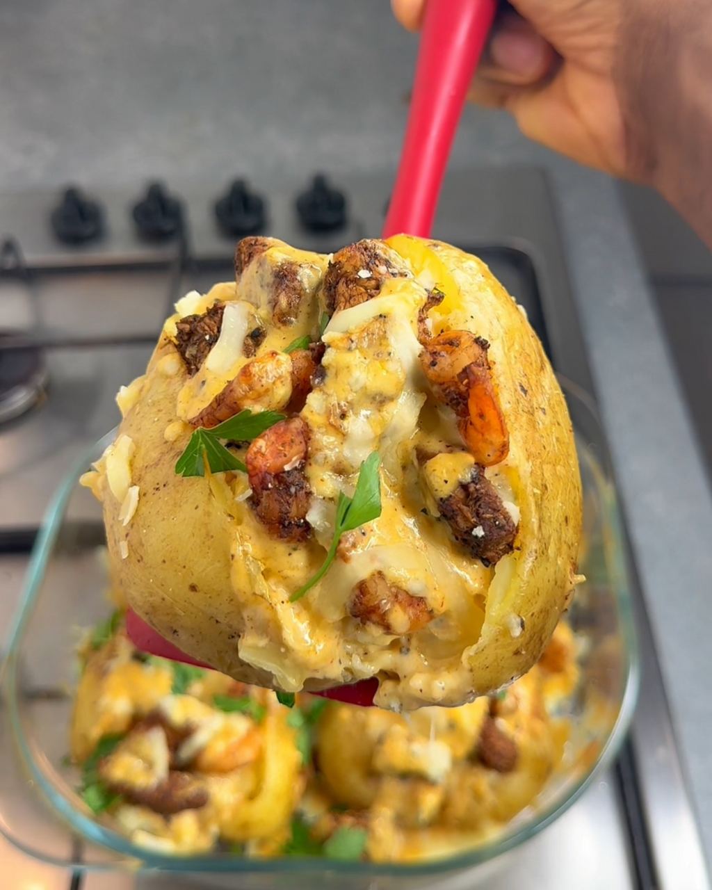 Jerk Chicken & Shrimp  Jacket Potatoes With Jerk Alfredo Sauce