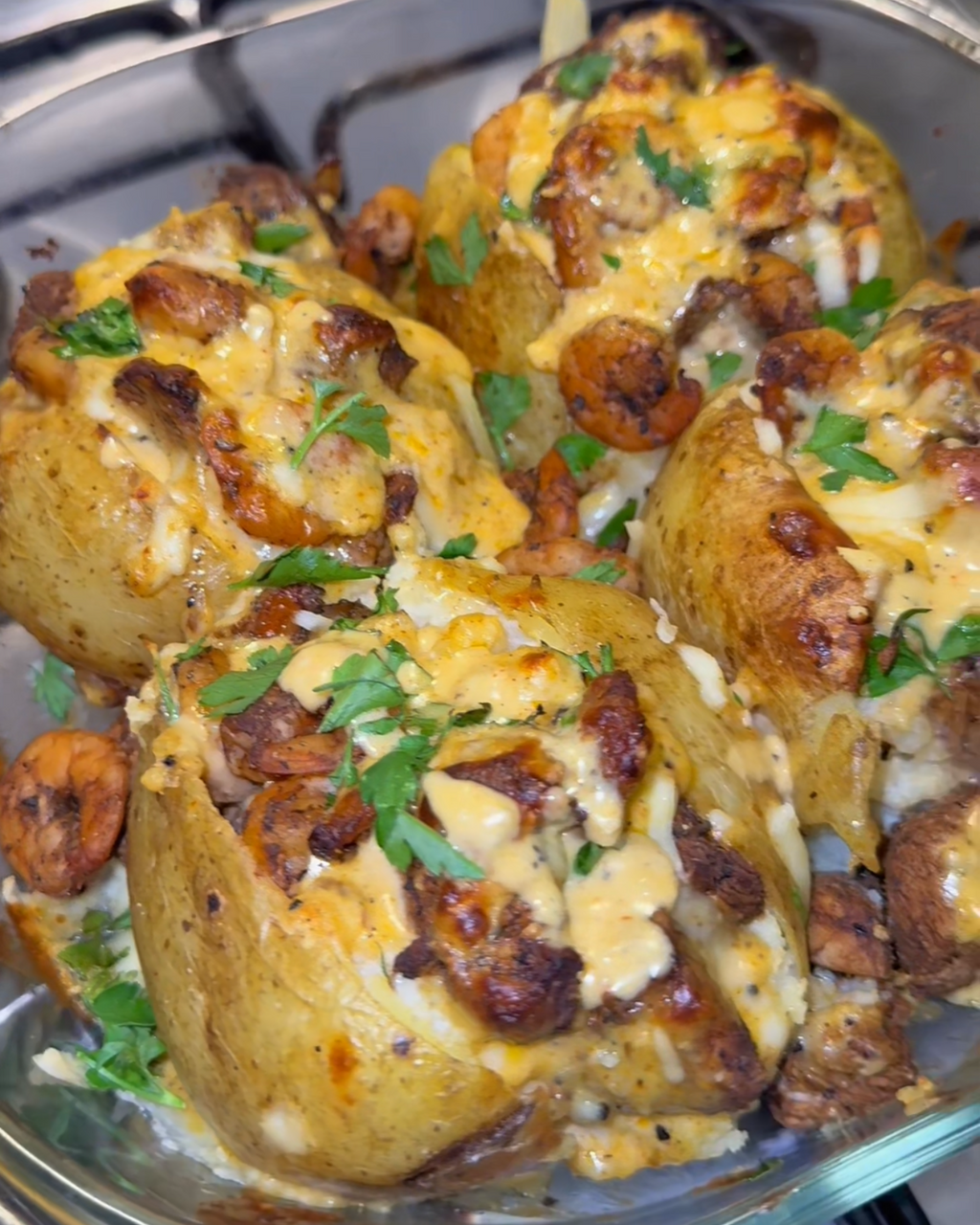Jerk Chicken & Shrimp  Jacket Potatoes With Jerk Alfredo Sauce