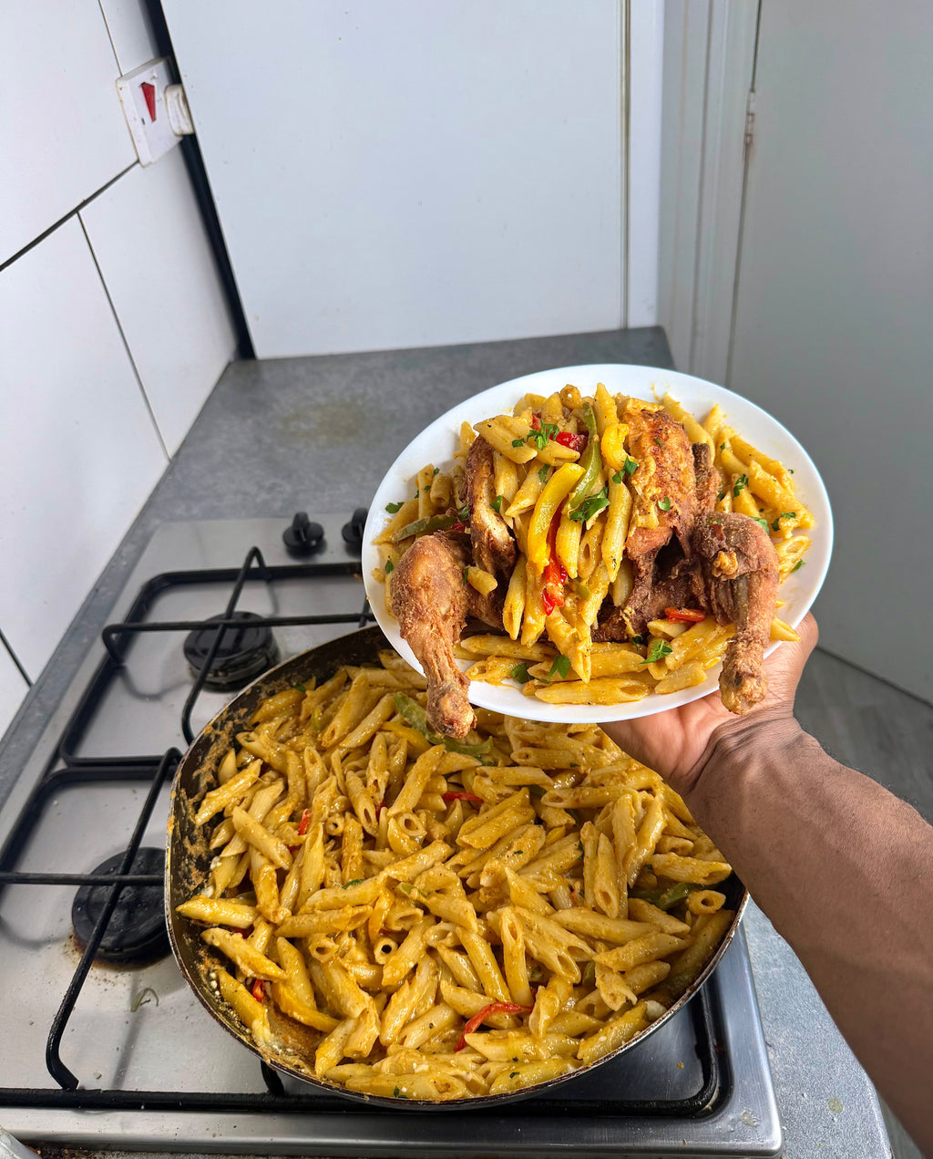 Fried Whole Chicken Stuffed W/Rasta Pasta