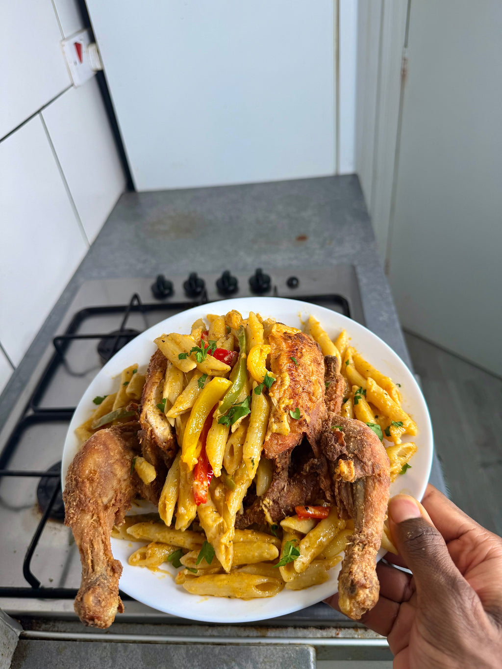 Fried Whole Chicken Stuffed W/Rasta Pasta