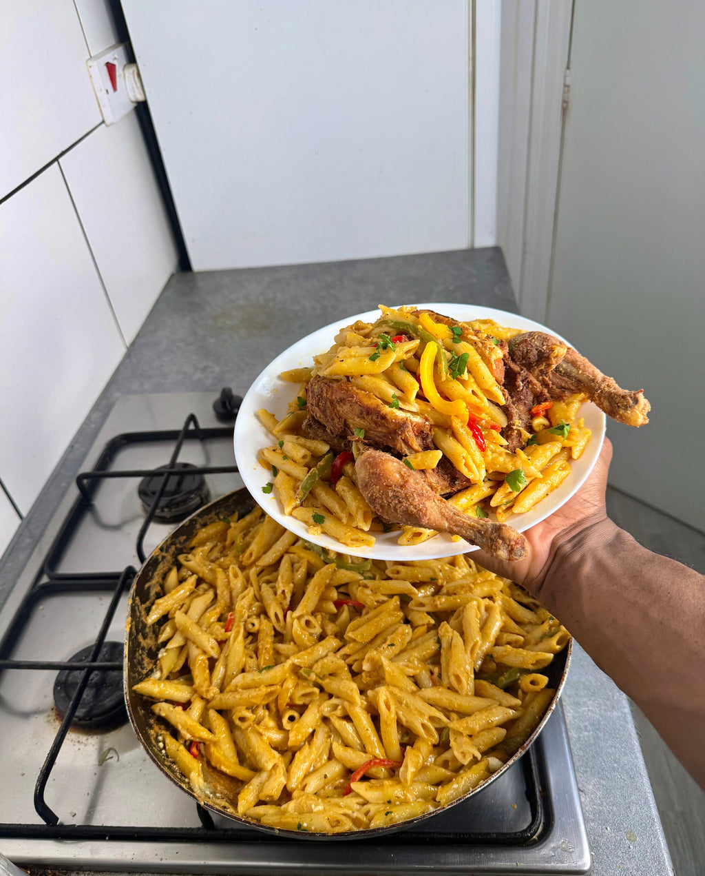 Fried Whole Chicken Stuffed W/Rasta Pasta