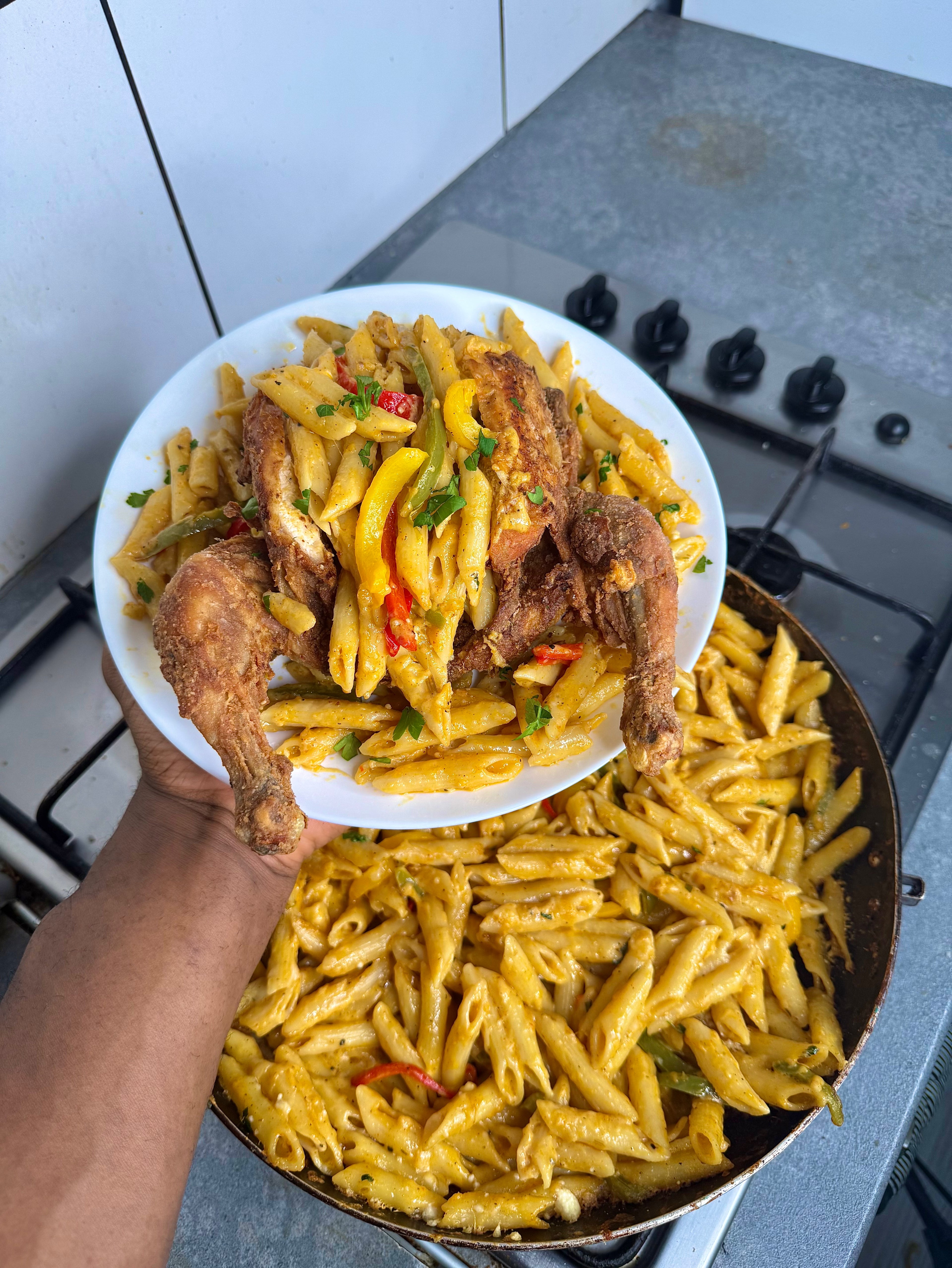 Fried Whole Chicken Stuffed W/Rasta Pasta