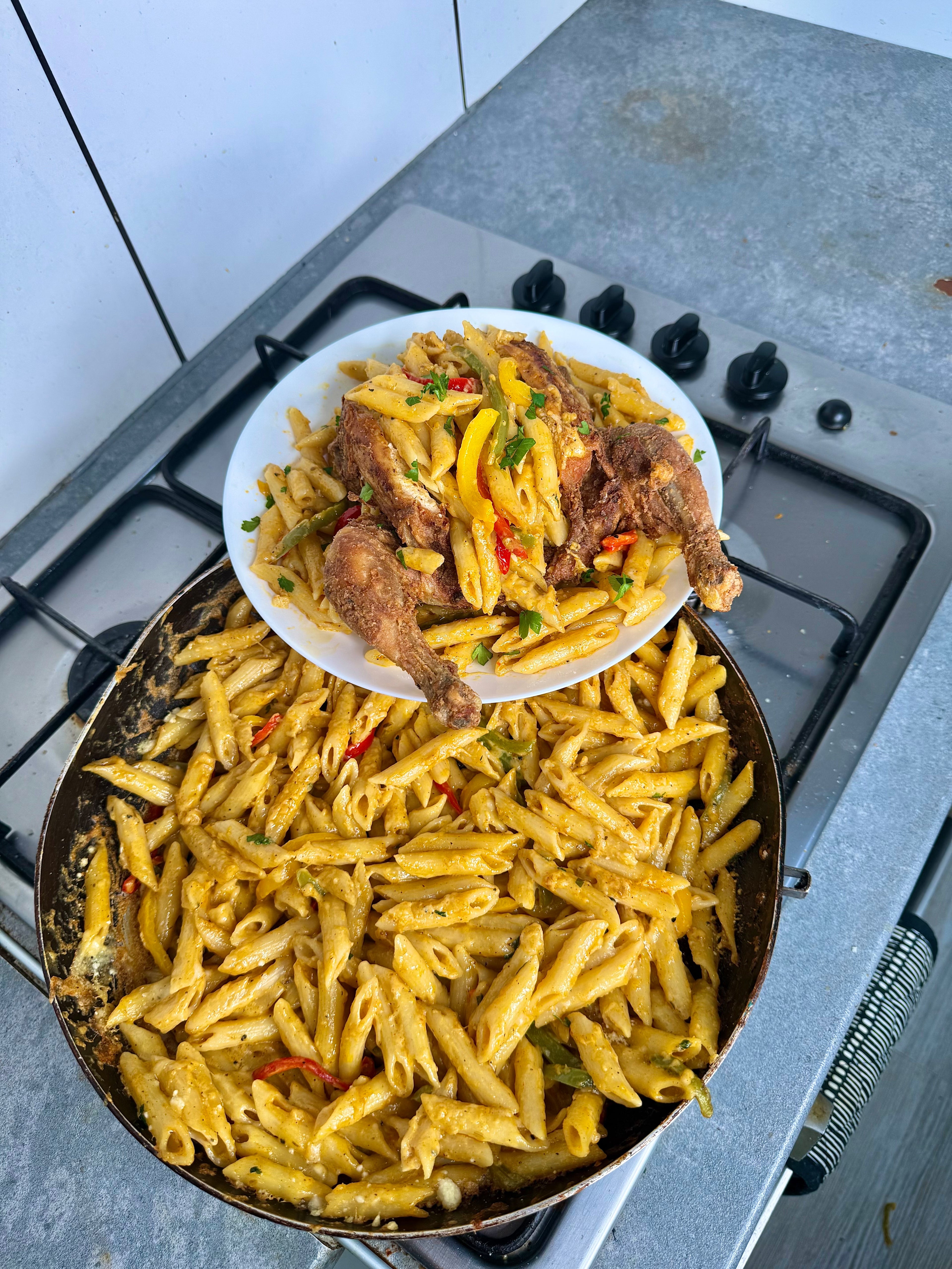 Fried Whole Chicken Stuffed W/Rasta Pasta