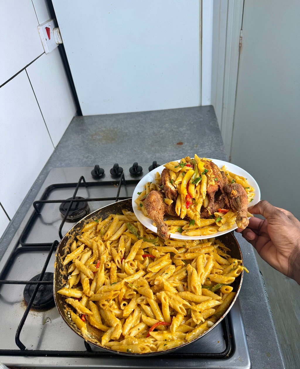 Fried Whole Chicken Stuffed W/Rasta Pasta